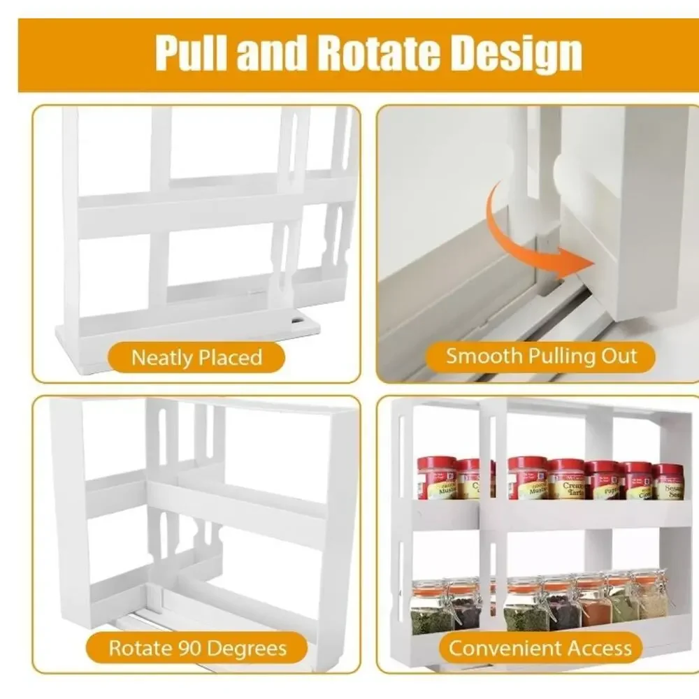 New Sliding Spice Rack, Pull & Rotate Seasoning Organizer 2 Tier Slide Out